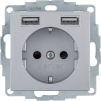 Розетка з з/к 16А/250В + 2хUSB/2.4A, А-А, колір алюміній, матовий, S.1 48031404