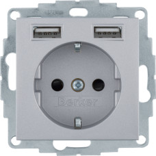 Розетка з з/к 16А/250В + 2хUSB/2.4A, А-А, колір алюміній, матовий, S.1 48031404