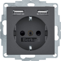 Розетка з з/к 16А/250В + 2хUSB/2.4A, А-А, колір антрацит, матовий, S.1 Berker 48031606