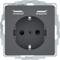 Розетка з з/к 16А/250В + 2хUSB/2.4A, А-А, колір антрацит, бархатний лак, Q.х Berker 48036086