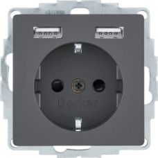 Розетка з з/к 16А/250В + 2хUSB/2.4A, А-А, колір антрацит, бархатний лак, Q.х Berker 48036086