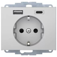 Розетка з з/к 16А/250В + 2хUSB/3A, А-С, колір алюміній, метал, матовий, K.5 Berker 48047003