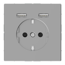 Розетка силова 2К+З, 16А, з USB 2.4A, тип А+А, гвинт.затиск, шторки, Нержавіюча сталь, пластик, D-Life Merten MEG2366-6036