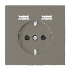 Розетка силова 2К+З, 16А, з USB 2.4A, тип А+А, гвинт.затиск, шторки, Нікель, метал, D-Life Merten MEG2366-6050