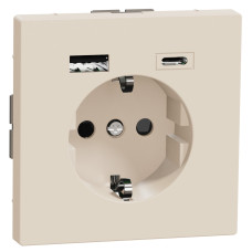 Розетка силова 2К+З, 16А, з USB 3A, тип А+C, гвинт.затиск, шторки, Сахара, пластик, D-Life Merten MEG2367-6033