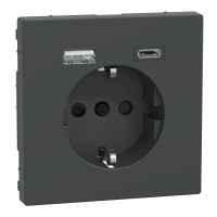 Розетка силова 2К+З, 16А, з USB 3A, тип А+C, гвинт.затиск, шторки, Антрацит, пластик, D-Life Merten MEG2367-6034