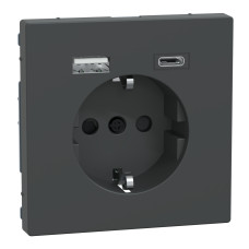 Розетка силова 2К+З, 16А, з USB 3A, тип А+C, гвинт.затиск, шторки, Антрацит, пластик, D-Life Merten MEG2367-6034
