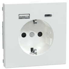 Розетка силова 2К+З, 16А, з USB 3A, тип А+C, гвинт.затиск, шторки, Білий лотос, пластик, D-Life Merten MEG2367-6035