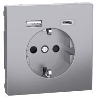 Розетка силова 2К+З, 16А, з USB 3A, тип А+C, гвинт.затиск, шторки, Нержавіюча сталь, пластик, D-Life Merten MEG2367-6036
