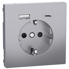 Розетка силова 2К+З, 16А, з USB 3A, тип А+C, гвинт.затиск, шторки, Нержавіюча сталь, пластик, D-Life Merten MEG2367-6036