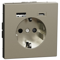 Розетка силова 2К+З, 16А, з USB 3A, тип А+C, гвинт.затиск, шторки, Нікель, метал, D-Life Merten MEG2367-6050