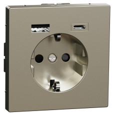 Розетка силова 2К+З, 16А, з USB 3A, тип А+C, гвинт.затиск, шторки, Нікель, метал, D-Life Merten MEG2367-6050