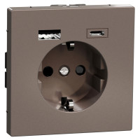 Розетка силова 2К+З, 16А, з USB 3A, тип А+C, гвинт.затиск, шторки, Мокко, метал, D-Life Merten MEG2367-6052