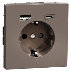 Розетка силова 2К+З, 16А, з USB 3A, тип А+C, гвинт.затиск, шторки, Мокко, метал, D-Life Merten MEG2367-6052