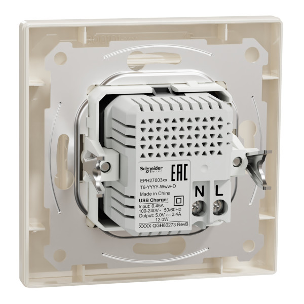 Розетка USB, 2 виходи, тип А+С 2,4А, Кремова, Asfora EPH2700323
