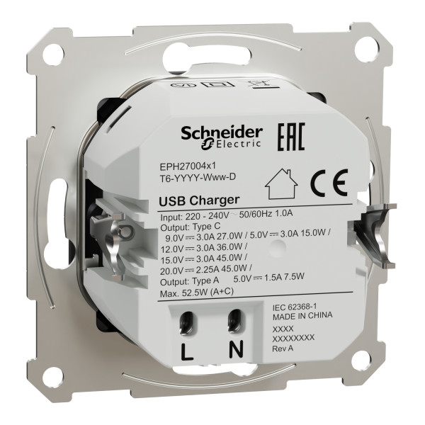 Розетка USB, 2 виходи, тип А+С 3А, 45 Вт, Антрацит, Asfora EPH2700471