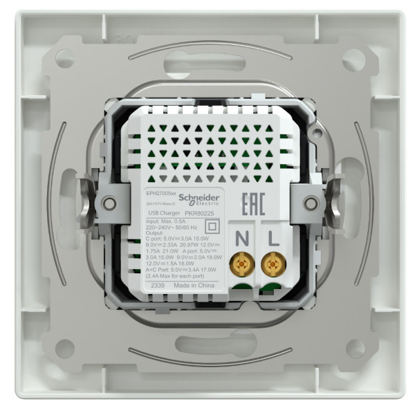 Розетка USB, 2 выхода, тип А+С  21 Вт, Белая, Asfora EPH2700521