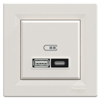 Розетка USB, 2 виходи, тип А+С  21 Вт, Кремова, Asfora EPH2700523