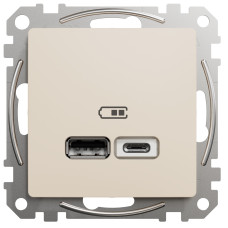 Розетка USB подвійна А+C, 2.4А, 230В, Бежевий, Sedna Design SDD112402