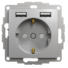 Розетка силова з заземленням + USB A+A, 2.4A, зі шторками, Алюміній, Sedna Design SDD113052