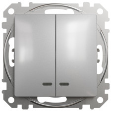 Двохклавішний вимикач з синьою підсвіткою 10А-250В, Алюміній, Sedna Design SDD113105L