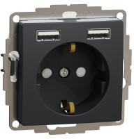 Розетка силова з заземленням + USB A+A, 2.4A, зі шторками, Чорно-сірий, Sedna Design SDD114052