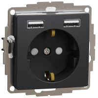 Розетка силова з заземленням + USB A+A, 2.4A, зі шторками, Чорно-сірий, Sedna Design SDD114052