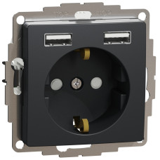 Розетка силова з заземленням + USB A+A, 2.4A, зі шторками, Чорно-сірий, Sedna Design SDD114052