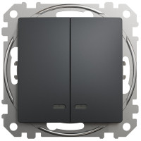 Двухклавишный выключатель с синей подсветкой 10А-250В, Черно-серый, Sedna Design SDD114105L