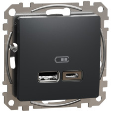Розетка USB подвійна А+C, 2.4А, 230В, Чорно-сірий, Sedna Design SDD114402