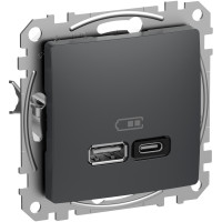 Розетка USB подвійна А+C, 3А, 45Вт, 230В, Чорно-сірий, Sedna Design SDD114404