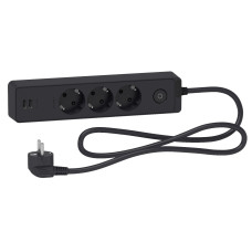 Подовжувач на 3 розетки + 2хUSB 2.4А, кабель 1.5 метри, чоний, Schneider Electric ST943U1B