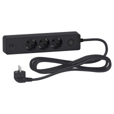 Подовжувач на 3 розетки + 2хUSB 2.4А, кабель 3 метри, чорний, Schneider Electric ST943U3B