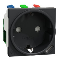 Розетка з з/к зі шторками, 16А + USB Type C, 2.1A, безгвин. клеми, антрацит, Unica NEW NU301754
