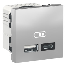 Розетка USB зарядна подвійна, 2.4А,  тип A+C, 2 модуля, алюміній, Unica NEW NU301830